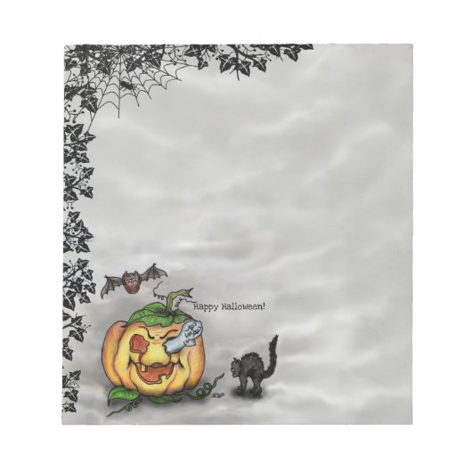 Ghost, Cat, Bat en Pumpkin, Happy Halloween! Notitieblok (Voorkant)