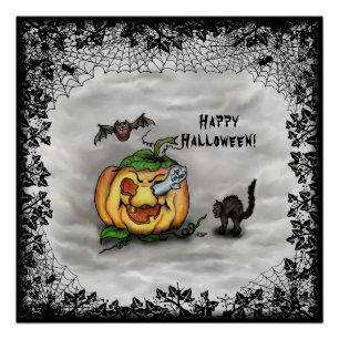 Ghost, Cat, Bat en Pumpkin, Happy Halloween! Perfect Poster