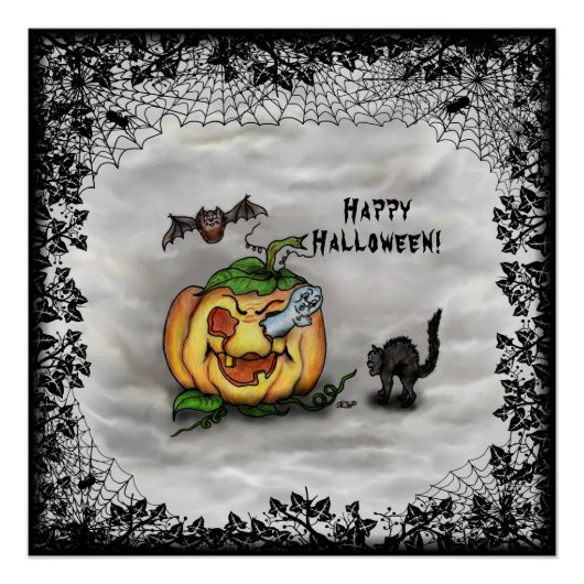Ghost, Cat, Bat en Pumpkin, Happy Halloween! Perfect Poster (Voorkant)