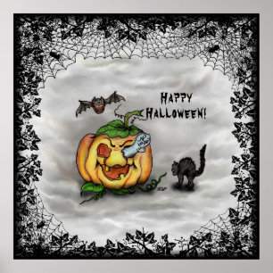 Ghost, Cat, Bat en Pumpkin, Happy Halloween! Poster