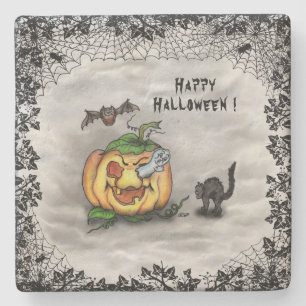Ghost, Cat, Bat en Pumpkin, Happy Halloween! Stenen Onderzetter
