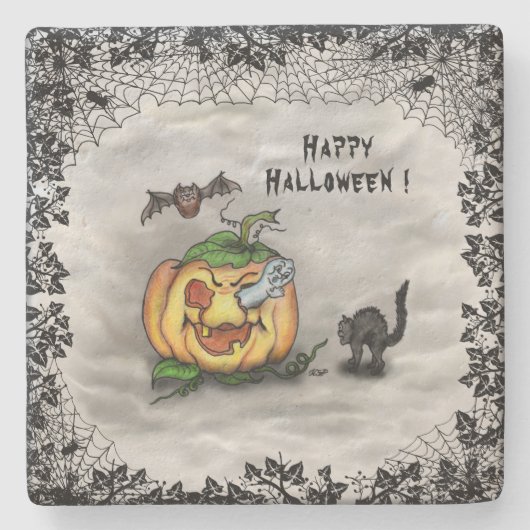 Ghost, Cat, Bat en Pumpkin, Happy Halloween! Stenen Onderzetter (Voorkant)