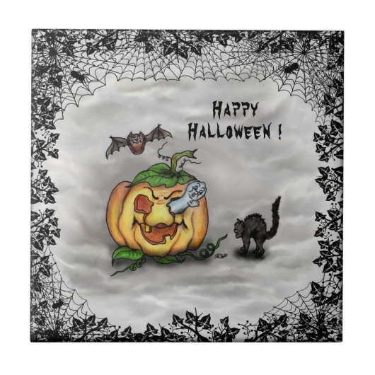 Ghost, Cat, Bat en Pumpkin, Happy Halloween! Tegeltje (Voorkant)