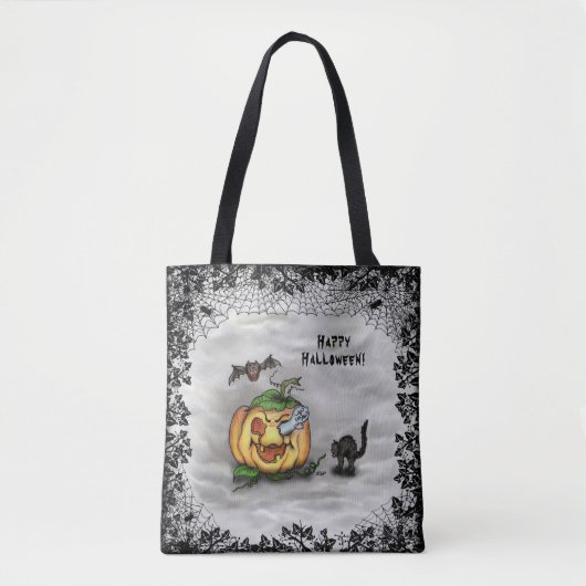 Ghost, Cat, Bat en Pumpkin, Happy Halloween! Tote Bag (Voorkant)