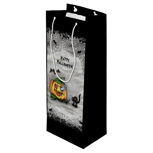 Ghost, Cat, Bat en Pumpkin, Happy Halloween! Wijn Cadeautas (Achterkant Gekanteld)