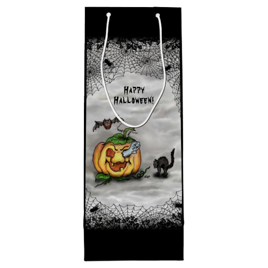 Ghost, Cat, Bat en Pumpkin, Happy Halloween! Wijn Cadeautas (Achterkant)