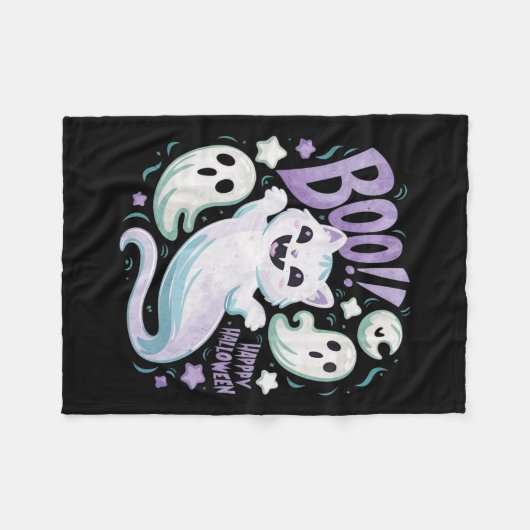 Ghost Cat Boo Kat Halloween Fleece Deken (Voorkant (Horizontaal))