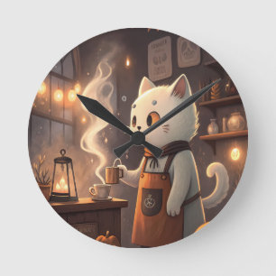 Ghost Cat Café Whimsische Halloween-kunst Ronde Klok