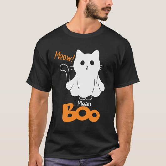 Ghost Cat Meow I Mean Boo Pumpkin Moon Halloween T-shirt (Voorkant)