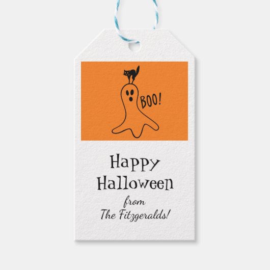 Ghost Cat Sinaasappel Wit Halloween Cadeaulabel (Voorkant)