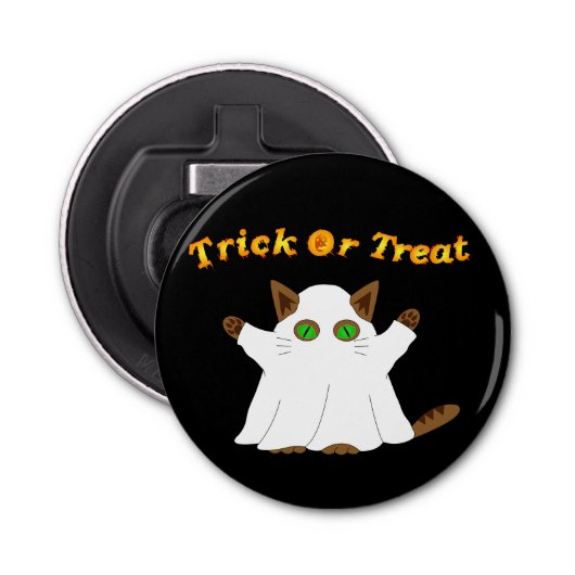 Ghost Cat Trick or treat Button Flesopener (Voorkant)