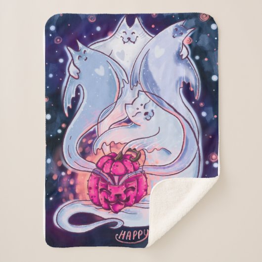 Ghost Cats Pumpkin Blanket Sherpa Deken (Voorkant)