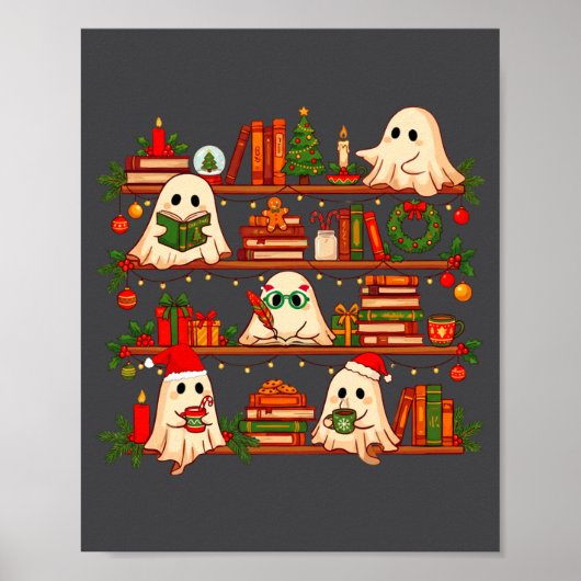 Ghost Christmas Hat Reading Book Bookshelf Lover L Poster (Voorkant)