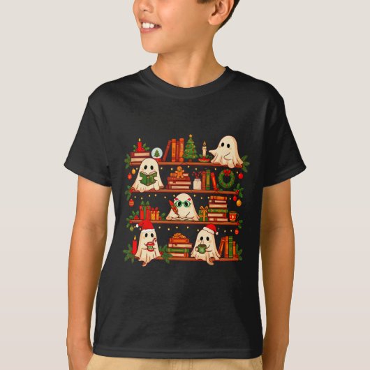 Ghost Christmas Hat Reading Book Bookshelf Lover L T-shirt (Voorkant)
