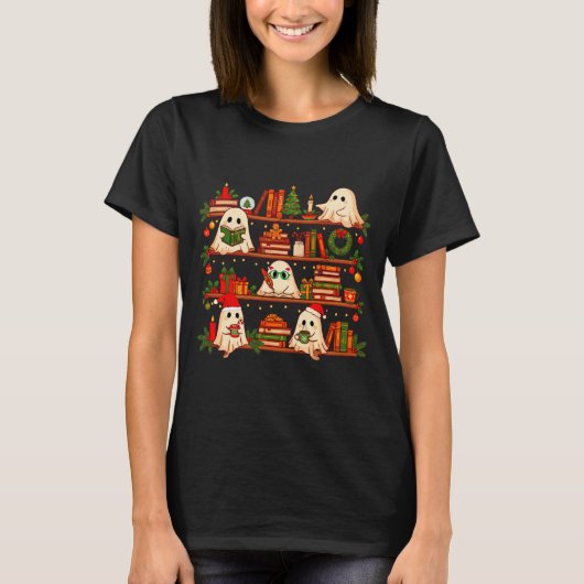 Ghost Christmas Hat Reading Book Bookshelf Lover L T-shirt (Voorkant)
