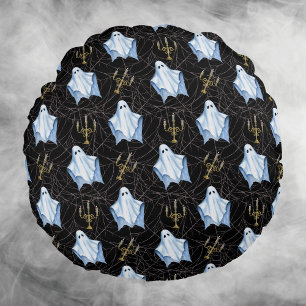 Ghost, Cobwebs & Candelabra Halloween Gothic Zwart Rond Kussen
