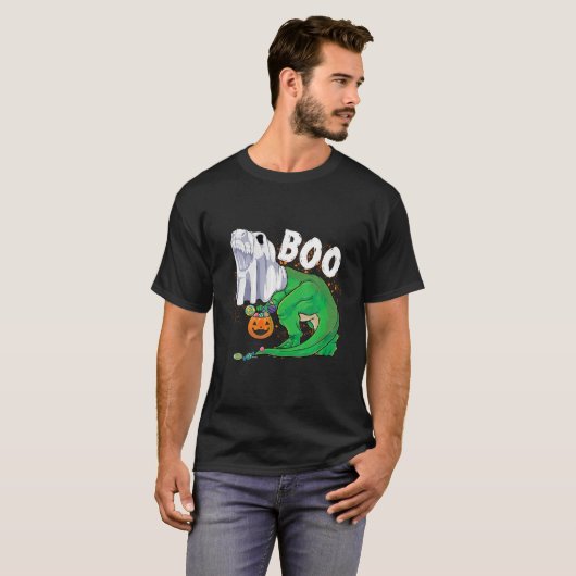 Ghost Dinosaur T rex Funny Boo Halloween Boys Mann T-shirt (Voorkant volledig)