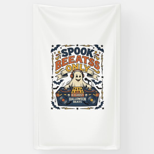 Ghost DJ Spooky Beats Vintage Gravure Halloween Spandoek (Verticaal)