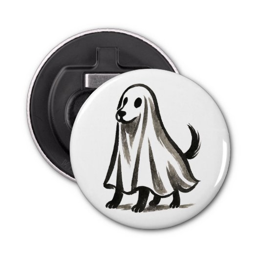Ghost Dog in Costume – Halloween Ink Style on Button Flesopener (Voorkant)