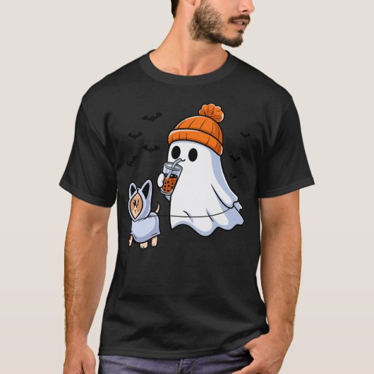 Ghost Drinking Bubble Tea Dog Halloween Costume Me T-shirt (Voorkant)