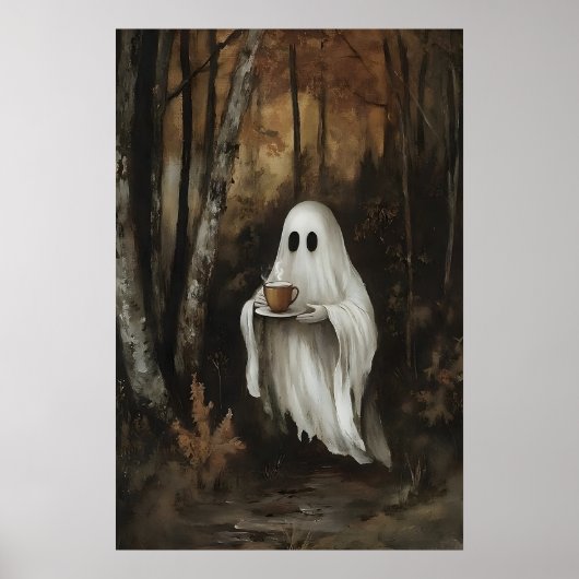 Ghost Drinking Coffee In Fall Forest Print, Ghost Poster (Voorkant)