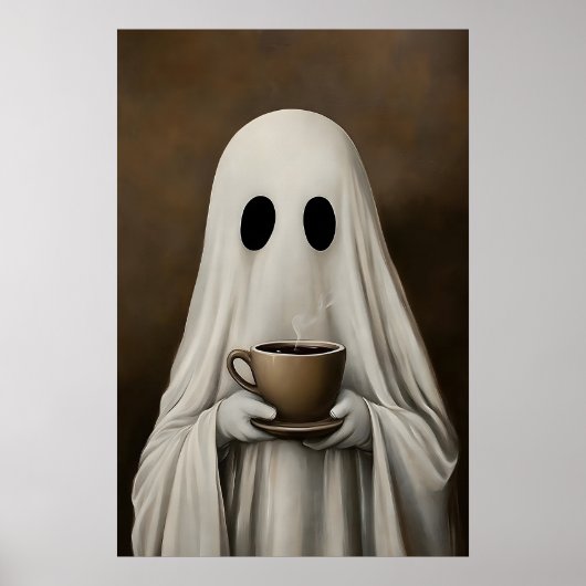 Ghost Drinking Coffee Print, Ghost Tea Whimsical Poster (Voorkant)