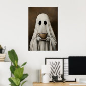 Ghost Drinking Coffee Print, Ghost Tea Whimsical Poster (Thuiskantoor)