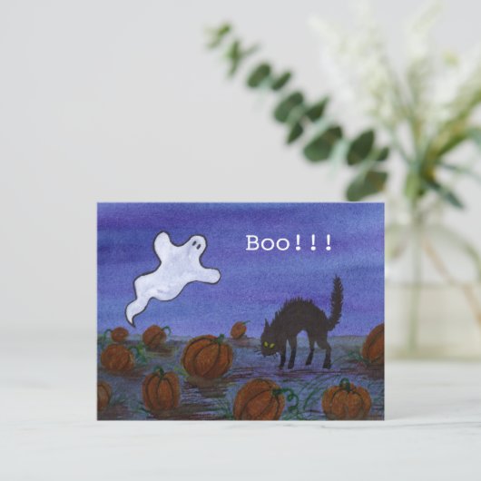 Ghost en Black Cat in de pompoenpatch Briefkaart (Staand voorkant)