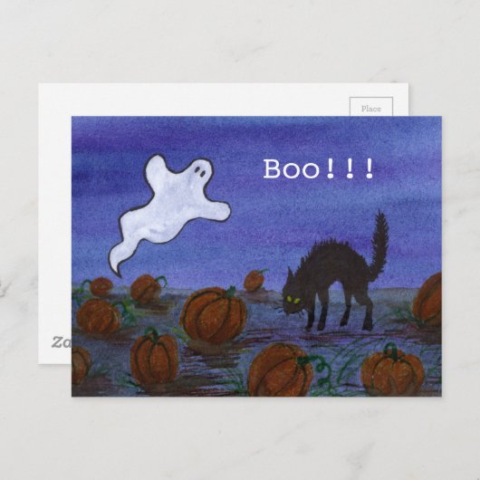 Ghost en Black Cat in de pompoenpatch Briefkaart (Voorkant / Achterkant)