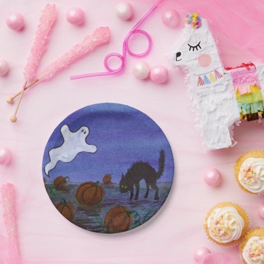 Ghost en Black Cat in de pompoenpatch Papieren Bordje (Feest)