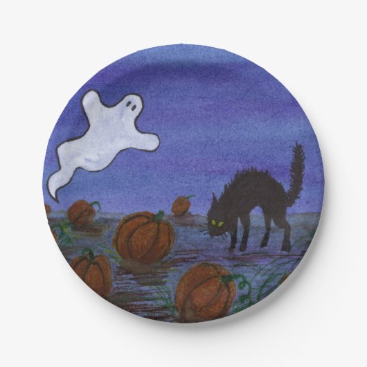 Ghost en Black Cat in de pompoenpatch Papieren Bordje (Voorkant)