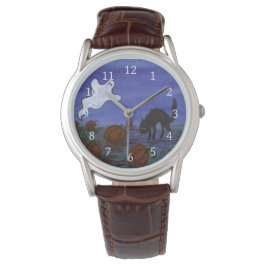 Ghost en Black Cat in Pumpkin Patch Halloween Horloge