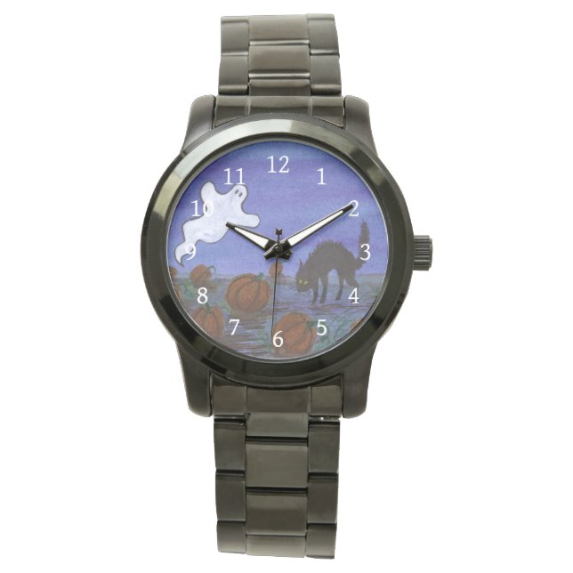Ghost en Black Cat in Pumpkin Patch Halloween Horloge (Voorkant)