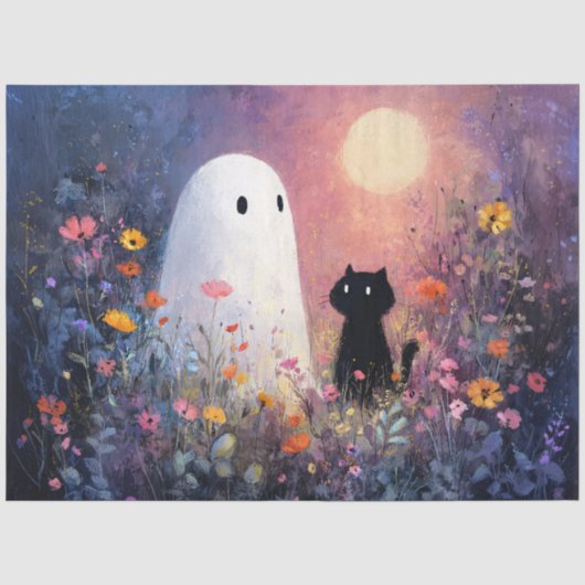Ghost en Cat in Moonlit Garden Decoupage Tissuepapier (Voorkant)