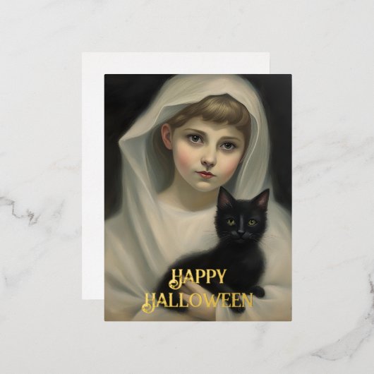 Ghost en een Black Cat Halloween Folie Feestdagen Briefkaart (Voorkant / Achterkant)