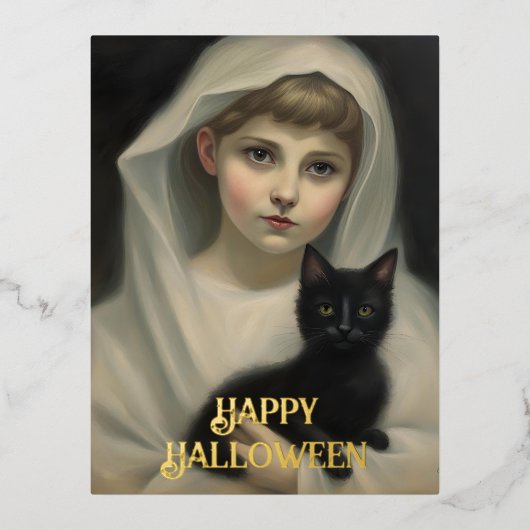 Ghost en een Black Cat Halloween Folie Feestdagen Briefkaart (Voorkant)