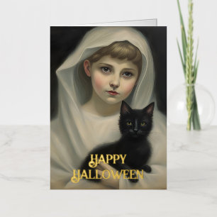 Ghost en een Black Cat Halloween Folie Wenskaart