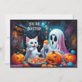 Ghost en Kitten Halloween Feestuitnodiging Aankondiging (Voorkant)