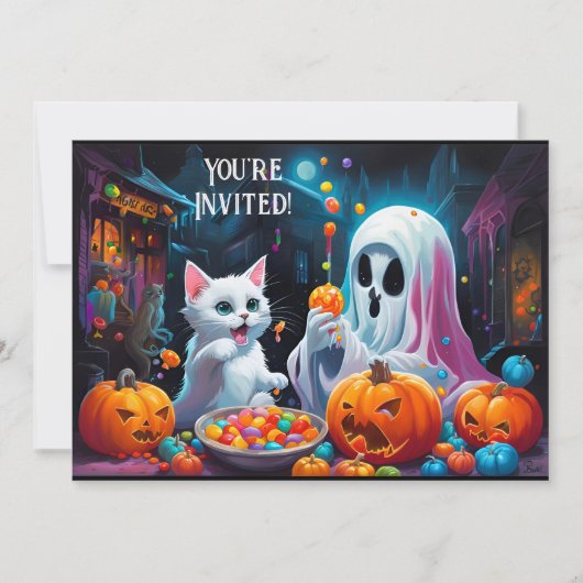 Ghost en Kitten Halloween Feestuitnodiging Aankondiging (Voorkant)