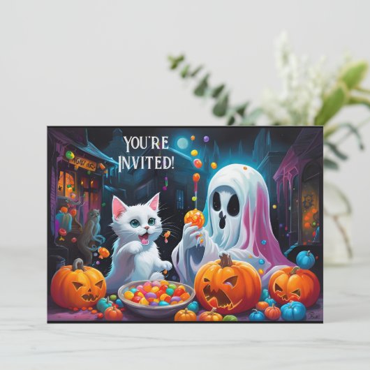 Ghost en Kitten Halloween Feestuitnodiging Aankondiging (Staand voorkant)