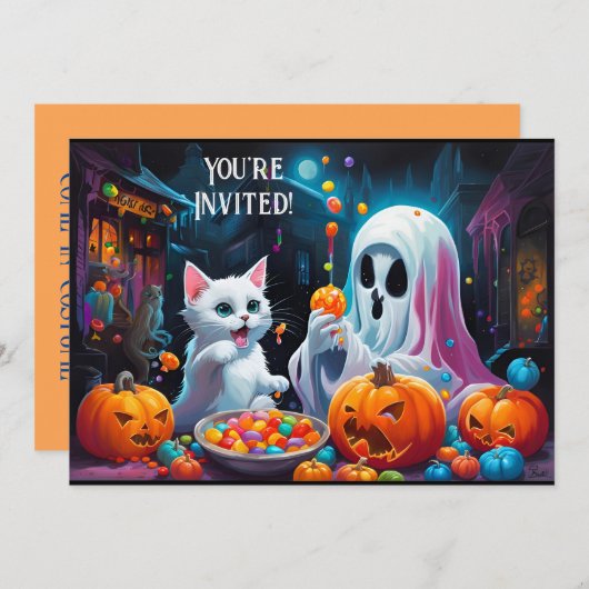 Ghost en Kitten Halloween Feestuitnodiging Aankondiging (Voorkant / Achterkant)