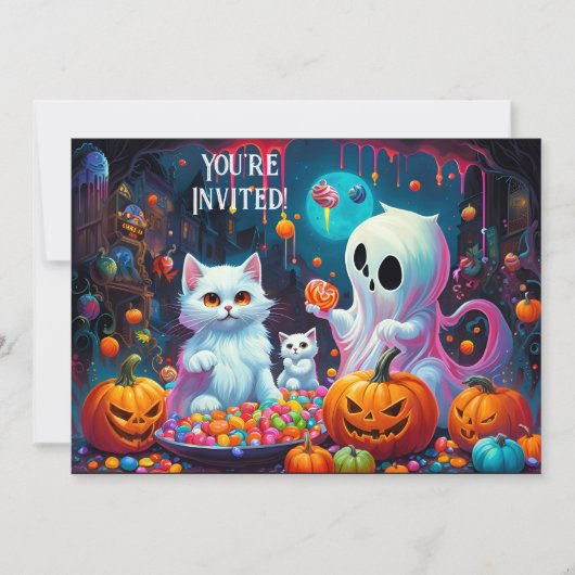 Ghost en Kittens Halloween Feestuitnodiging Aankondiging (Voorkant)