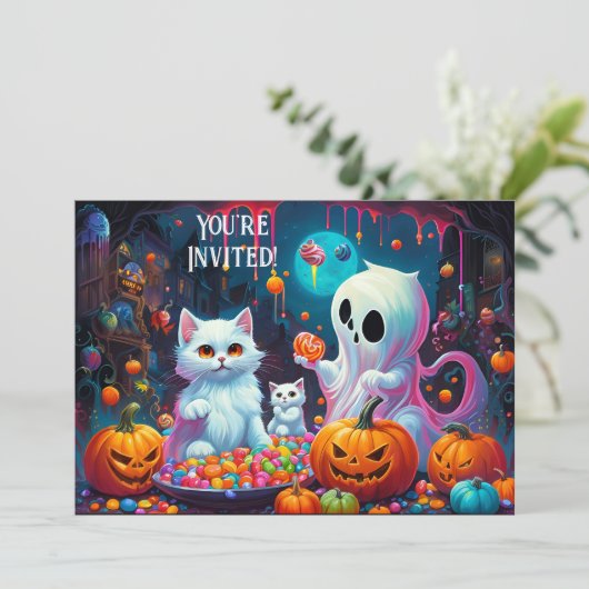 Ghost en Kittens Halloween Feestuitnodiging Aankondiging (Staand voorkant)