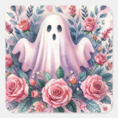Ghost en Pink Roses Pinkoween Vierkante Sticker (Voorkant)