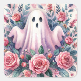 Ghost en Pink Roses Pinkoween Vierkante Sticker