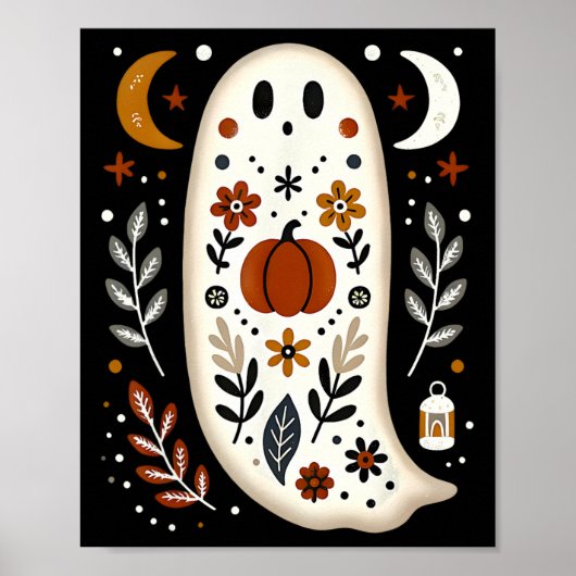 Ghost Folk Art Floral Herfst Herfst Pompoen Spooky Poster (Voorkant)
