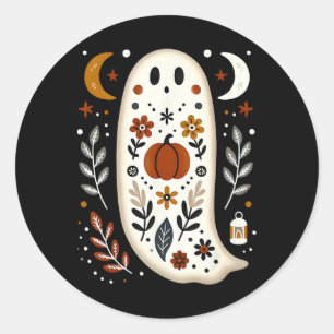 Ghost Folk Art Floral Herfst Herfst Pompoen Spooky Ronde Sticker