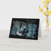 Ghost Girl in Blue – Haunting Surreal Art Kaart (Gele Bloem)