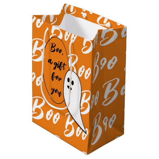 Ghost Halloween Black White oranje boo Medium Cadeauzakje (Voorkant Gekanteld)