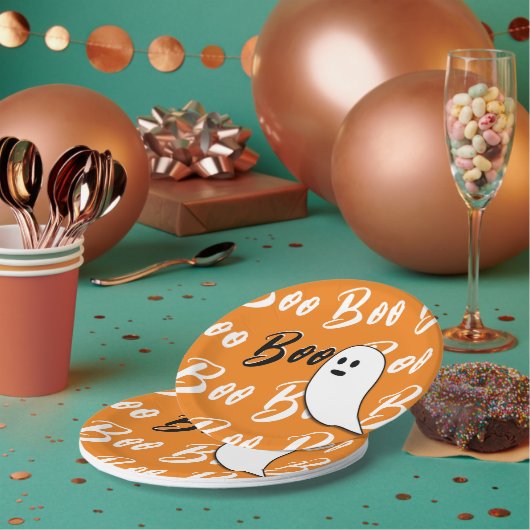 Ghost Halloween Black White oranje boo Papieren Bordje (Multi)